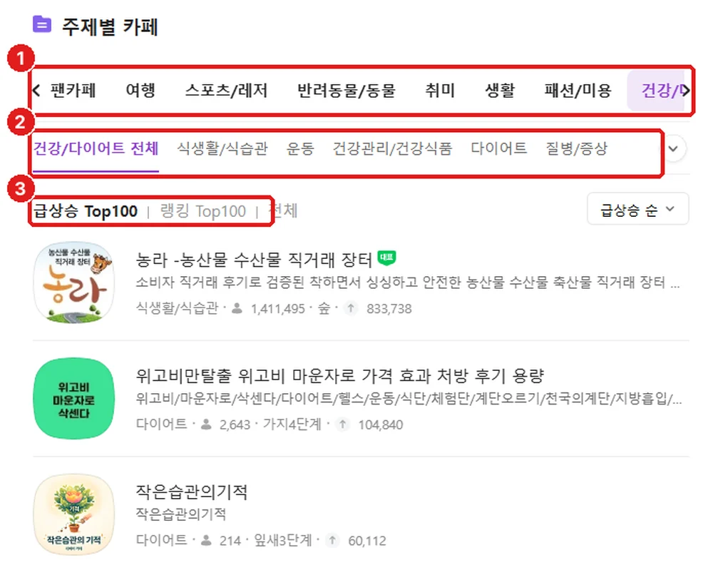 주제별 카페, ① 큰 주제 ② 세부 분야 ③ 급상승·랭킹 Top100