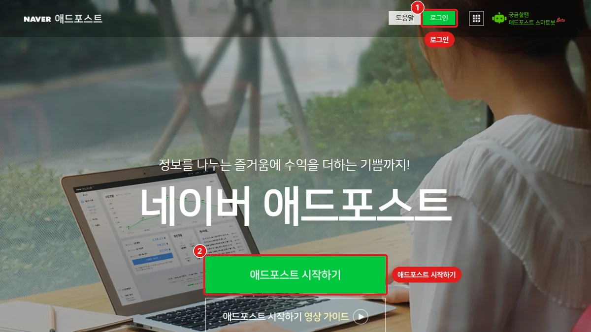애드포스트 첫 화면 (로그인하지 않은 상태로 찍었습니다), ① 로그인 ② 애드포스트 시작하기