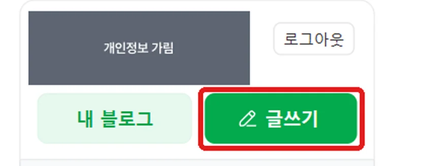 블로그 홈(로그인 후) 오른쪽 '글쓰기' 버튼, 개인정보는 회색으로 가렸습니다