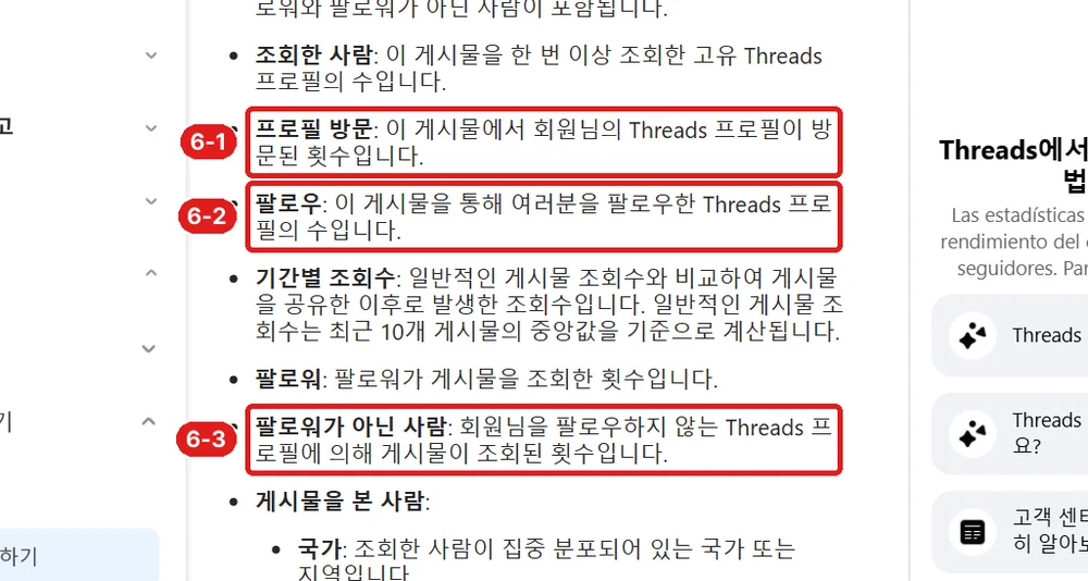 출처: Instagram 고객 센터 「Threads에서 인사이트 조회하기」, 6-1 프로필 방문 · 6-2 팔로우 · 6-3 팔로워가 아닌 사람