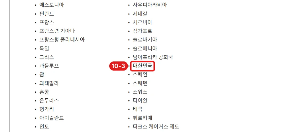 같은 도움말의 대상 국가 목록, 10-3 대한민국 포함