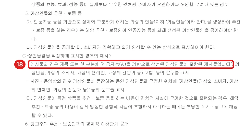 출처: 공정거래위원회 「추천·보증 등에 관한 표시·광고 심사지침」 (2026. 6. 1. 시행), 가상인물 표시