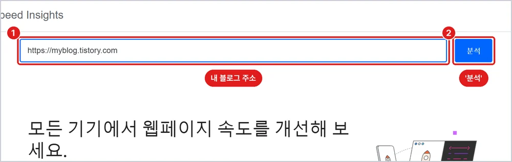PageSpeed Insights, 1번 주소 칸, 2번 '분석' (사진의 주소는 예시입니다)