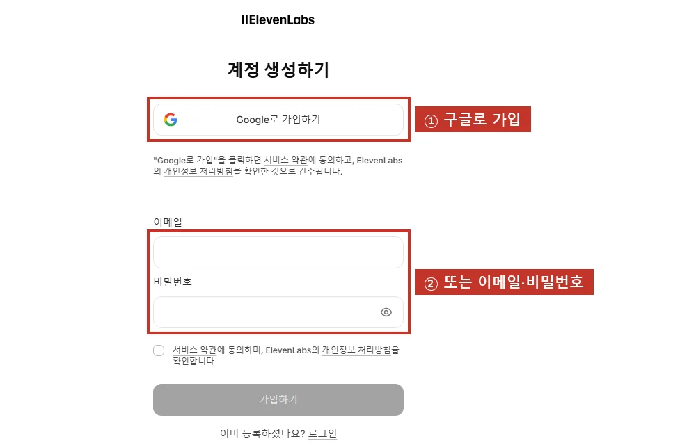 가입 화면, 구글로 가입(①) 또는 이메일·비밀번호(②). 이 안내서는 실제 가입 없이 화면만 보여 드립니다.