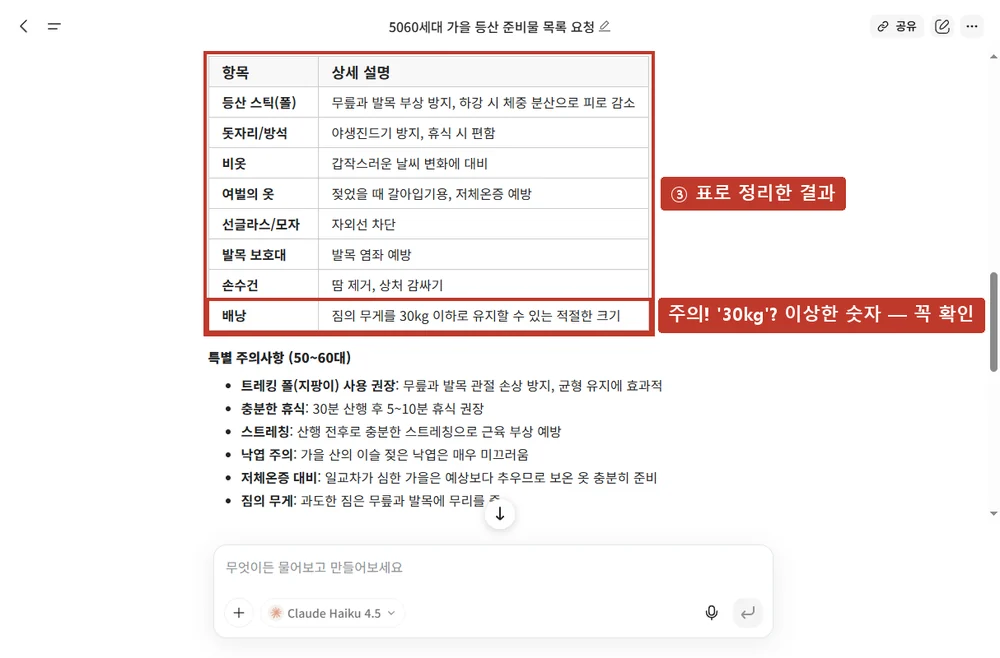 실제 결과 ②, '꼭 필요한 것 / 있으면 좋은 것'이 표로 정리됩니다. 그런데 '배낭 30kg 이하'처럼 이상한 숫자도 섞여 있었습니다.