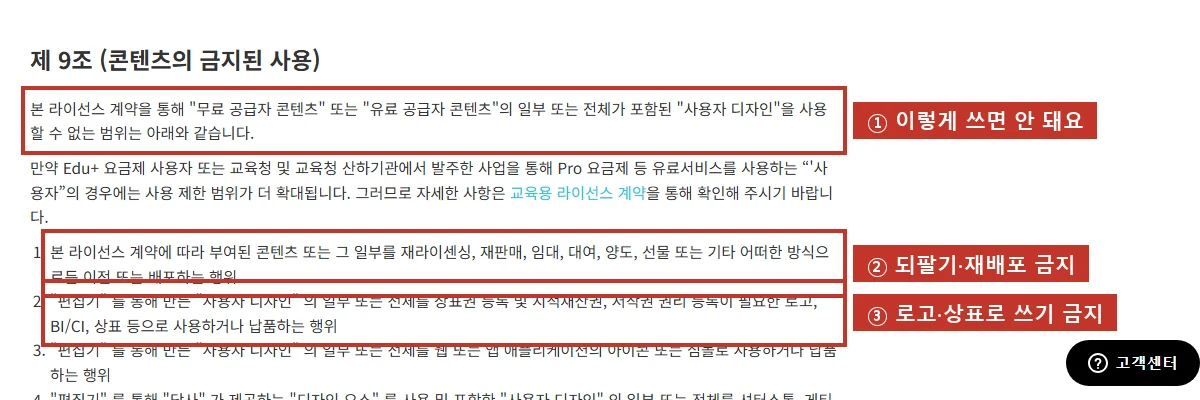 같은 계약의 금지 범위, 되팔기·재배포(②), 로고·상표로 쓰기(③)는 안 됩니다.