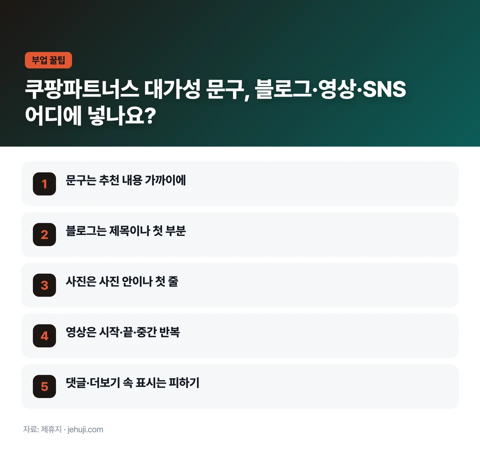 요점 정리: 문구는 추천 내용 가까이에 / 블로그는 제목이나 첫 부분 / 사진은 사진 안이나 첫 줄 / 영상은 시작·끝·중간 반복 / 댓글·더보기 속 표시는 피하기