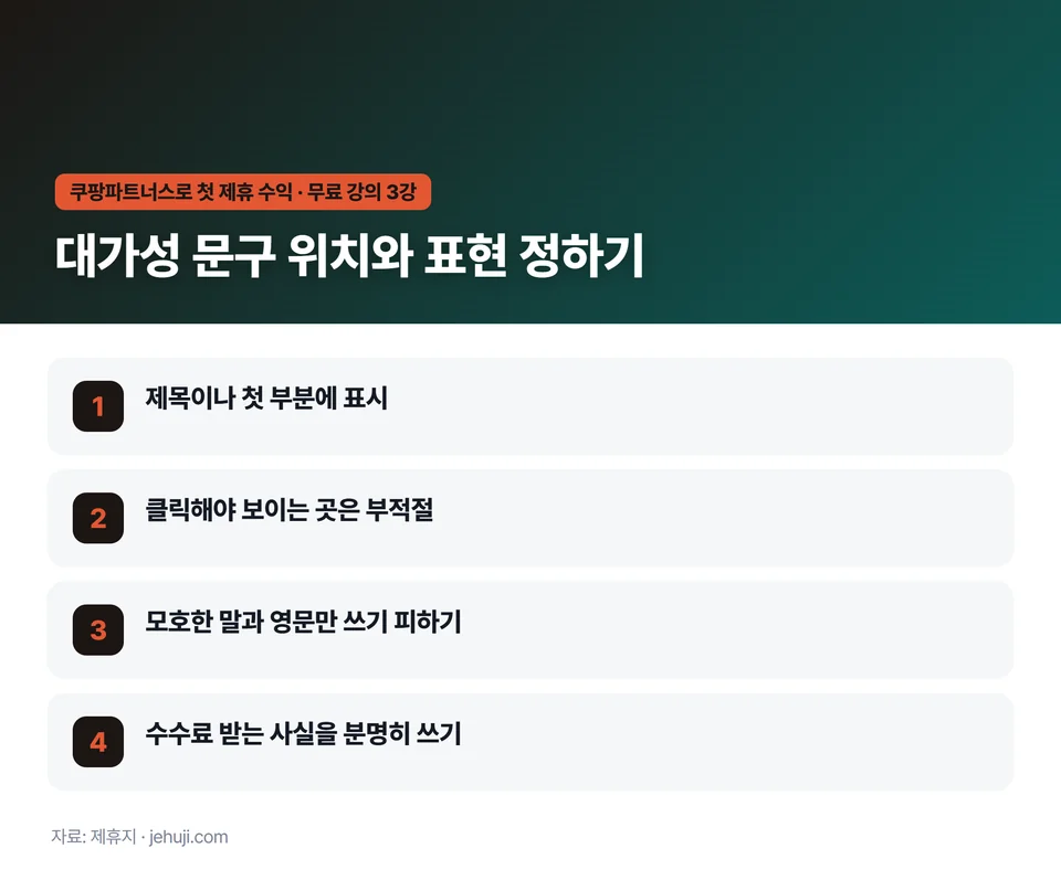 요점 정리: 제목이나 첫 부분에 표시 / 클릭해야 보이는 곳은 부적절 / 모호한 말과 영문만 쓰기 피하기 / 수수료 받는 사실을 분명히 쓰기