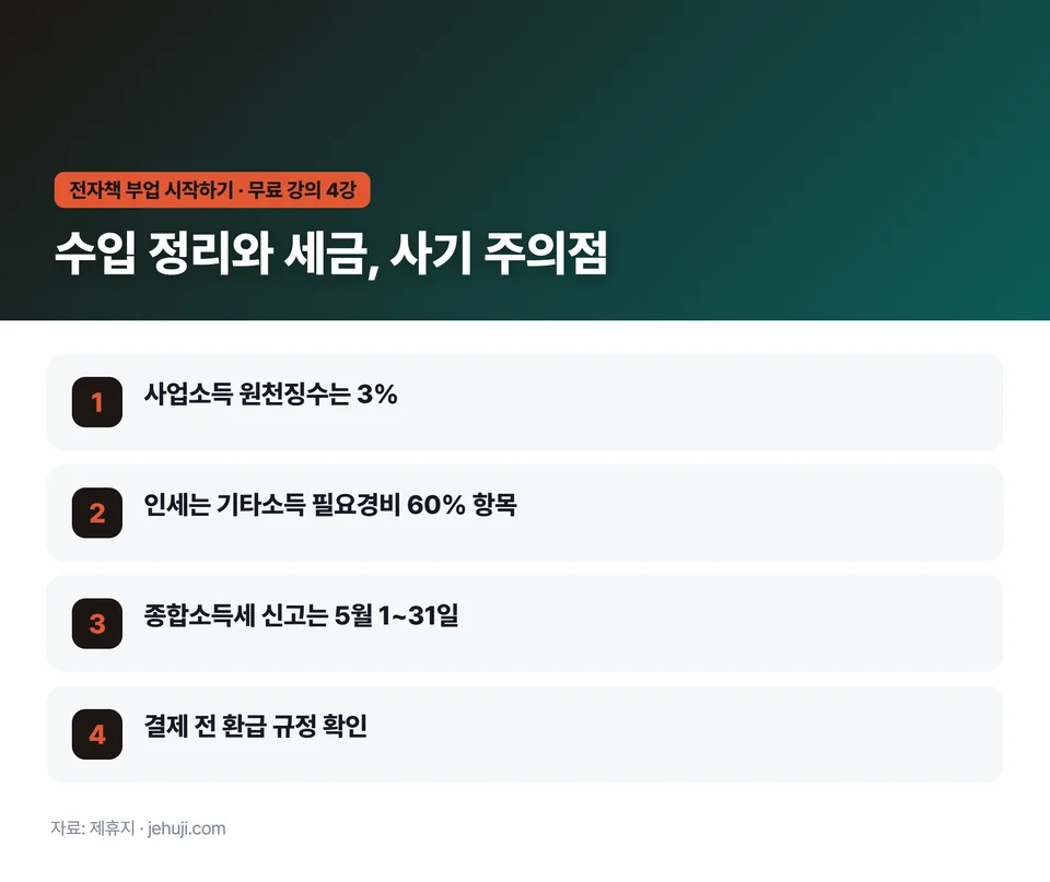 요점 정리: 사업소득 원천징수는 3% / 인세는 기타소득 필요경비 60% 항목 / 종합소득세 신고는 5월 1~31일 / 결제 전 환급 규정 확인