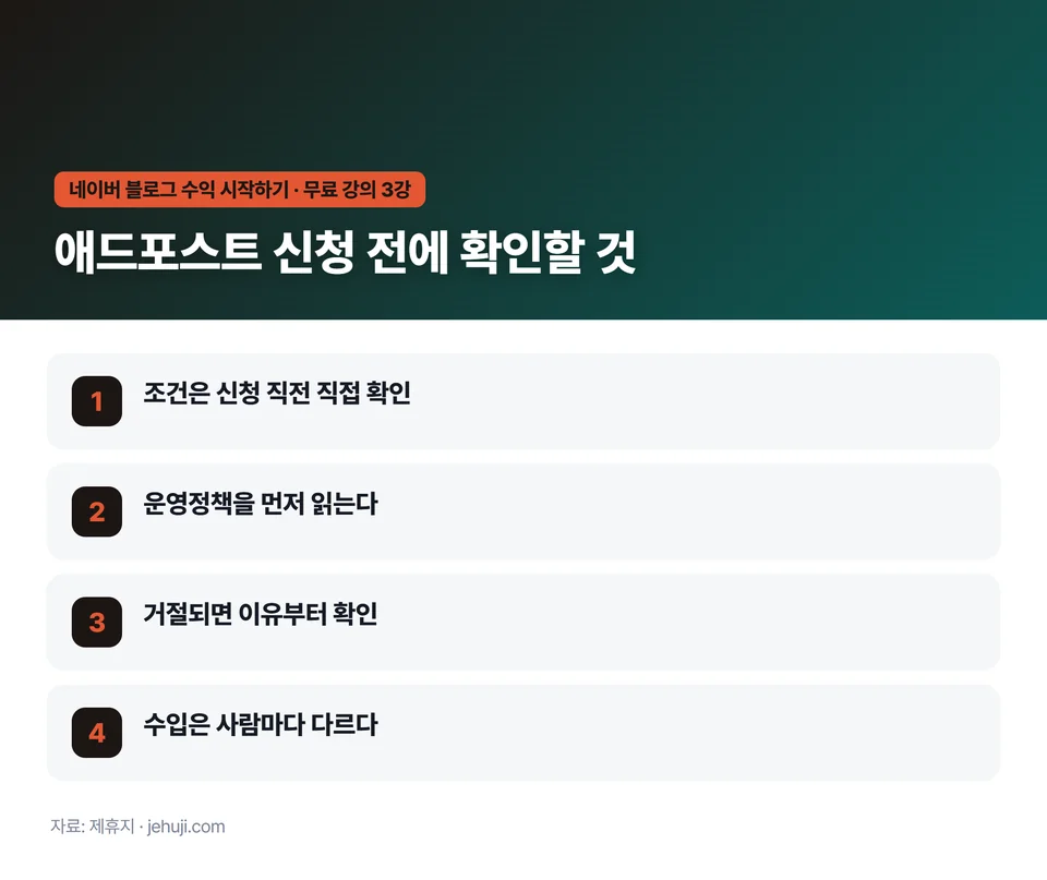 요점 정리: 조건은 신청 직전 직접 확인 / 운영정책을 먼저 읽는다 / 거절되면 이유부터 확인 / 수입은 사람마다 다르다