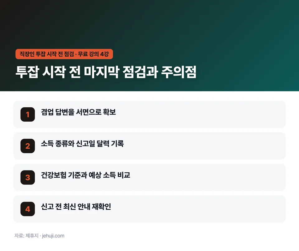 요점 정리: 겸업 답변을 서면으로 확보 / 소득 종류와 신고일 달력 기록 / 건강보험 기준과 예상 소득 비교 / 신고 전 최신 안내 재확인